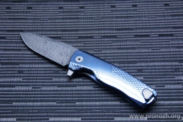 C  Lion Steel ROK, Chad Nichols Damascus with Scrambled Pattern Blade, Blue Solid Titanium Handle