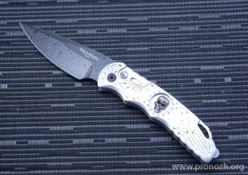    Pro-Tech TR-4 Auto Limited, Damascus Blade, Aluminum Handle, Bruce Shaw Skull Inlay