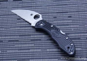    Spyderco Delica 4 Wharncliff, VG-10 Steel, Serrated Edge,  Satin Finish Blade, Black FRN Handle