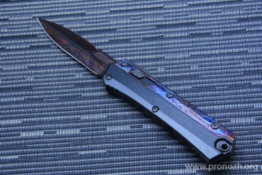      Microtech Glykon Hot Blued Gragonskin Pattern Bertie Rietveld Ball Bearing Damascus, Hefted Black  Alloy w/ Galactic Acid Overlay & DLC Two-Tone Hardware