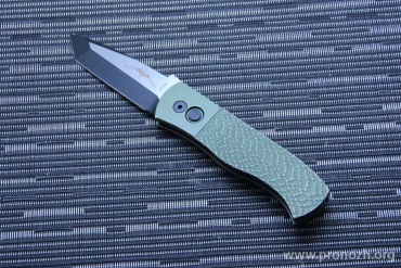    Pro-Tech, Emerson CQC7-A, 2-Tone: Satin Finish / DLC Blade. Green Jigged Aluminum Handle