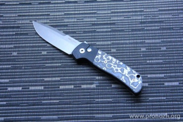    Pro-Tech Terzuola ATCF Automatic, Stonewashed Blade,  Black Aluminum Handle, MOP Button "White Storm" fat Carbon Inlays, SW Magnacut Blade, 3D Titanium Clip