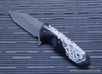   Hogue EX-02 3.375" Tanto Flipper, Chad Nichols Damascus Blade, Custom Skulls and Bones Handle