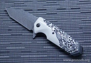   Hogue EX-02 3.375" Tanto Flipper, Chad Nichols Damascus Blade, Custom Skulls and Bones Handle