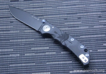   Spartan Blades Harsey Folder, Black DLC-coating  Blade, Black Titanium Handles with Spartan Logo Engraved, Blue Anodized Hardware