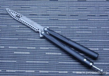   Microtech Tachyon III Balisong Trainer, Apocalyptic Elmax Unsharpened Blade, Black Aluminum Handle