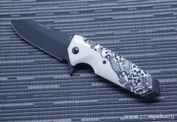   Hogue EX-02 3.375" Spear Point Flipper, Black Blade, Custom Skulls and Bones Handle