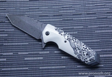   Hogue EX-02 3.75" Tanto Flipper, Chad Nichols Damascus Blade, Custom Skulls and Bones Handle