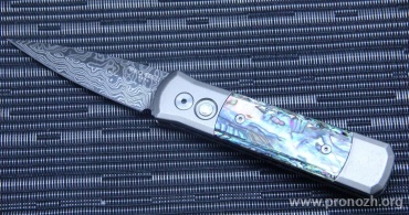    Pro-Tech Godson, Stainless Damascus with Random Pattern (Vegas Forge, Las Vegas, USA), Bronze Anodized with Orange Peel Textured Titanium Handle, Abalone Inlays