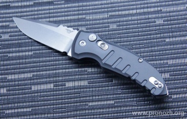 Складной автоматический нож Hogue A01-Microswitch 2.75"  Drop Point, Stone-Tumbled Blade, Grey  Aluminum Handle
