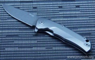 C  Lion Steel T.R.E. (Three Rapid Exchange), Damasteel AB "Thor" Pattern Blade, Matte Titanium Handles, Blue Accents