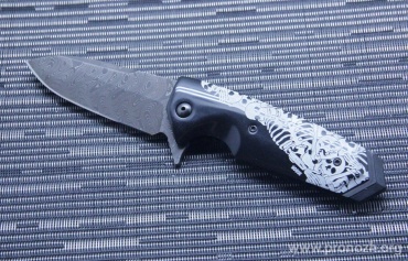   Hogue EX-02 3.375" Spear Point Flipper, Chad Nichols Damascus Blade, Custom Skulls and Bones Handle