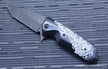   Hogue EX-02 3.75" Tanto Flipper, Chad Nichols Damascus Blade, Custom Skulls and Bones Handle