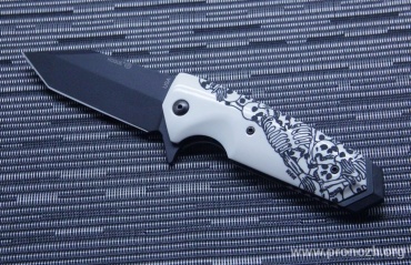   Hogue EX-02 3.375" Tanto Flipper, Black Blade, Custom Skulls and Bones Handle