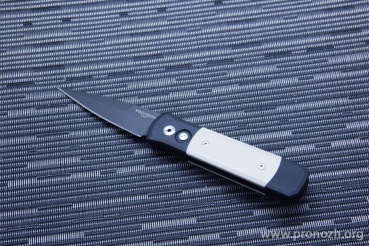 Складной автоматический нож Pro-Tech Godson Tuxedo, DLC-Coated  Blade, Black Aluminum Handle with Ivory Micarta Inlays