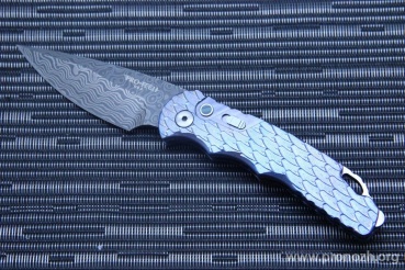    Pro-Tech TR-5 Auto Custom, Stainless Damascus with Random Pattern (Vegas Forge, Las Vegas, USA), Purple Anodized with Feather Textured Titanium Handle