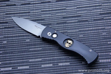    Pro-Tech TR-2, Stonewash  Blade, Black Aluminum Handle, Bruce Shaw Skull Inlay