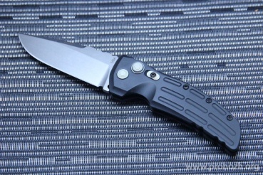    Hogue EX-01 3.5" Drop Point  Auto, Stone-Tumbled Blade, Black Aluminum Handle