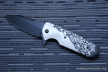   Hogue EX-02 3.75" Spear Point Flipper, Black Blade, Custom Skulls and Bones Handle