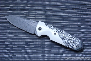   Hogue EX-02 3.75" Spear Point, Chad Nichols Damascus Blade, Custom Skulls and Bones Handle