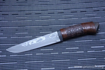   Maruyoshi Hunting MK-17W, by Saji Takeshi, Shirogami Core Forged with Nickel Damascus, Crocodile Skin wrapped with Dark Brown Fuji-Maki (Wisteria Vine)