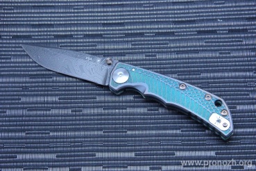   Spartan Blades, Custom Harsey Folder, Chad Nichols Damascus with Boomerang Pattern Blade, Reptile Engraved Green Titanium Handles