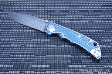   Spartan Blades, Custom Harsey Folder, Chad Nichols Damascus with Raindrop Pattern Blade, Reptile Engraved Blue Titanium Handles