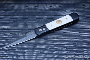    Pro-Tech Godfather Tuxedo Gold, Damascus Blade, Black Aluminum Handle with White Micarta Inlays