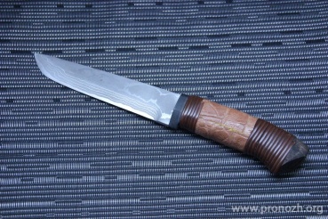   Maruyoshi Hunting MK-17L, by Saji Takeshi, Shirogami Core Forged with Nickel Damascus, Crocodile Skin wrapped with Dark Brown Fuji-Maki (Wisteria Vine)