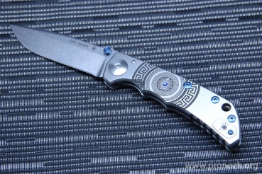   Spartan Blades, Harsey Folder, Stonewashed  Blade, Spartan Shield Engraved Titanium Handles