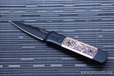    Pro-Tech Godson  Limited Steampunk, Black DLC-Coated  Blade, Solid Black Aluminum Handle, Black Finish Copper Inlay with Bruce Shaw Designed "coin struck"