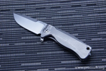 C  Lion Steel SR-22 Mini, Satin Finish  Blade, Gray Anodized Titanium Handle