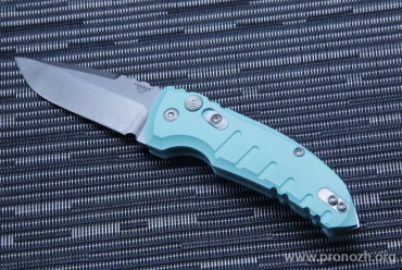    Hogue A01-Microswitch 2.75"  Drop Point, Stone-Tumbled Blade, Aquamarine Aluminum Handle