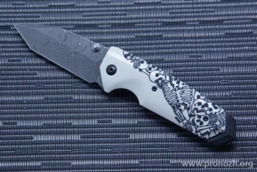   Hogue EX-02 3.375" Tanto Thumb Stud, Chad Nichols Damascus Blade, Custom Skulls and Bones Handle