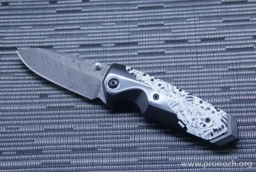   Hogue EX-02 3.375" Spear Point Thumb Stud, Chad Nichols Damascus Blade, Custom Skulls and Bones Handle