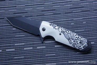   Hogue EX-02 3.75" Tanto Flipper, Black Blade, Custom Skulls and Bones Handle