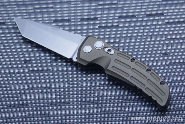 Складной автоматический нож Hogue EX-01 3.5" Tanto Auto, Stone-Tumbled  Blade, Green Aluminum Handle